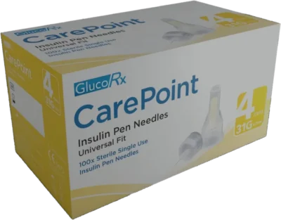 GlucoRx CarePoint pen needles, 4mm 31G, retail box of 100 single-use needles