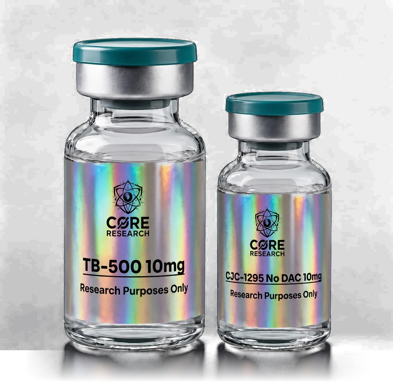 Two Core Research vials, TB-500 10mg and CJC-1295 No DAC 10mg, labelled Research Purposes Only